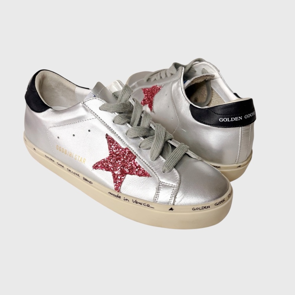 Golden Goose Superstar Silver Leather Pink Glitter Star Designer Sneakers Sz 40